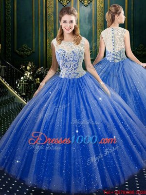 Four Piece Floor Length Royal Blue Quinceanera Dresses High-neck Sleeveless Brush Train Zipper