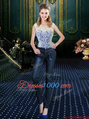 Four Piece Floor Length Royal Blue Quinceanera Dresses High-neck Sleeveless Brush Train Zipper