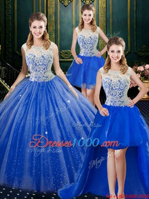 Four Piece Floor Length Royal Blue Quinceanera Dresses High-neck Sleeveless Brush Train Zipper