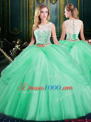 Three Piece Apple Green Quinceanera Gowns Military Ball and Sweet 16 and Quinceanera and For with Lace and Pick Ups Scoop Sleeveless Lace Up