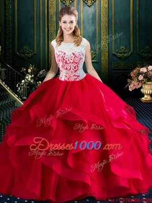 Red Tulle Zipper Square Sleeveless With Train Quince Ball Gowns Brush Train Lace and Ruffles