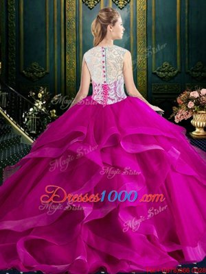 Red Tulle Zipper Square Sleeveless With Train Quince Ball Gowns Brush Train Lace and Ruffles