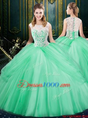 Inexpensive Scoop Apple Green Sleeveless Lace and Pick Ups Floor Length Sweet 16 Dresses