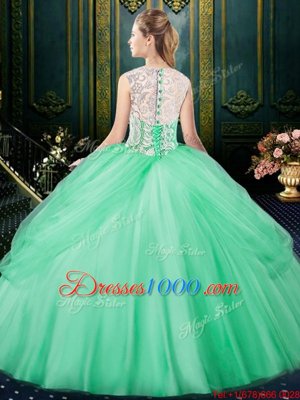 Inexpensive Scoop Apple Green Sleeveless Lace and Pick Ups Floor Length Sweet 16 Dresses