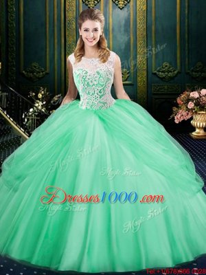 Inexpensive Scoop Apple Green Sleeveless Lace and Pick Ups Floor Length Sweet 16 Dresses