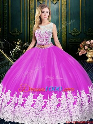 Lovely Fuchsia Tulle Zipper Scoop Sleeveless Floor Length Quinceanera Dresses Lace and Appliques