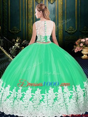 Lovely Fuchsia Tulle Zipper Scoop Sleeveless Floor Length Quinceanera Dresses Lace and Appliques