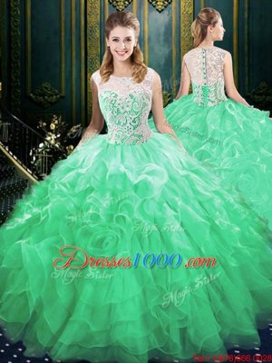 Adorable Four Piece Scoop Green Sleeveless Floor Length Lace and Ruffles Zipper Sweet 16 Quinceanera Dress