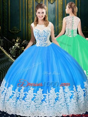 Cheap Scoop Sleeveless Tulle Floor Length Zipper Quinceanera Gowns in Baby Blue for with Lace and Appliques