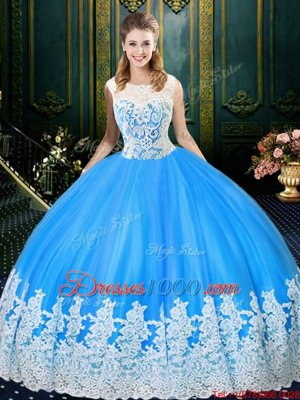 Cheap Scoop Sleeveless Tulle Floor Length Zipper Quinceanera Gowns in Baby Blue for with Lace and Appliques