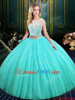 High End Scoop Blue Sleeveless Lace and Sequins Floor Length Sweet 16 Quinceanera Dress