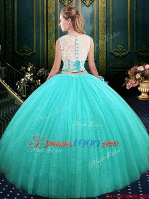 High End Scoop Blue Sleeveless Lace and Sequins Floor Length Sweet 16 Quinceanera Dress