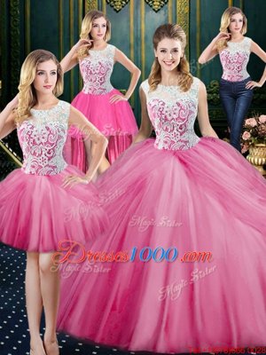 Four Piece Rose Pink Scoop Zipper Lace and Appliques and Pick Ups 15th Birthday Dress Sleeveless