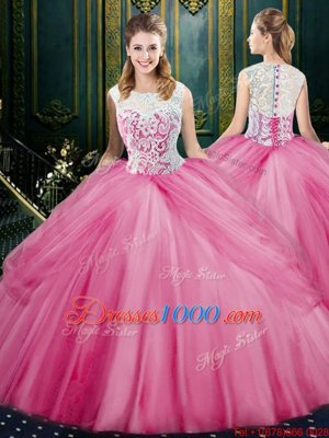 Four Piece Rose Pink Scoop Zipper Lace and Appliques and Pick Ups 15th Birthday Dress Sleeveless