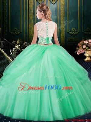 Scoop Apple Green Sleeveless Floor Length Lace and Pick Ups Zipper Quince Ball Gowns