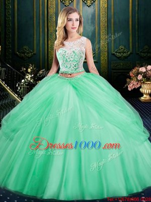 Scoop Apple Green Sleeveless Floor Length Lace and Pick Ups Zipper Quince Ball Gowns