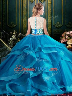 Scoop Sleeveless Brush Train Lace and Ruffles Zipper Vestidos de Quinceanera