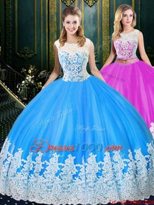 Romantic Baby Blue Tulle Zipper Scoop Sleeveless Floor Length Quinceanera Dresses Lace and Appliques