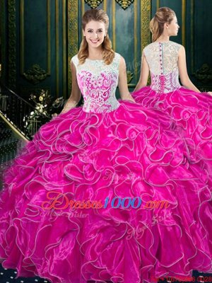 Scoop Sleeveless Quinceanera Dresses Floor Length Lace and Ruffles Fuchsia Organza