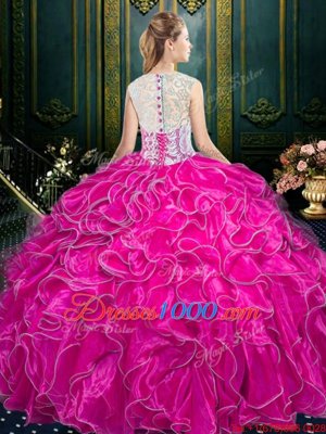 Scoop Sleeveless Quinceanera Dresses Floor Length Lace and Ruffles Fuchsia Organza