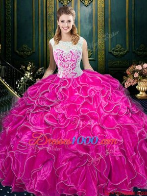 Scoop Sleeveless Quinceanera Dresses Floor Length Lace and Ruffles Fuchsia Organza