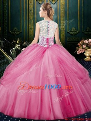 Attractive Scoop Floor Length Rose Pink Sweet 16 Dress Tulle Sleeveless Lace and Pick Ups