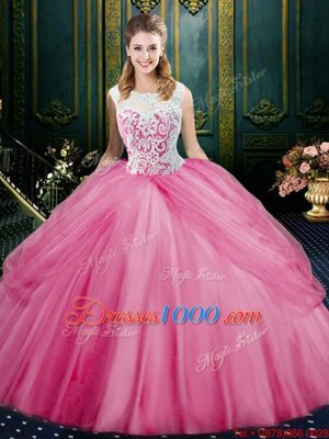 Attractive Scoop Floor Length Rose Pink Sweet 16 Dress Tulle Sleeveless Lace and Pick Ups