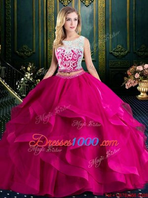 Cute Scoop Fuchsia Sleeveless With Train Lace and Ruffles Lace Up Quinceanera Gowns