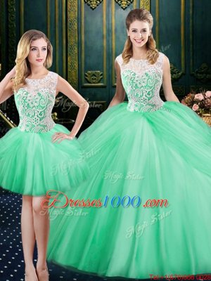 Hot Sale Three Piece Scoop Apple Green Sleeveless Lace and Pick Ups Floor Length 15th Birthday Dress