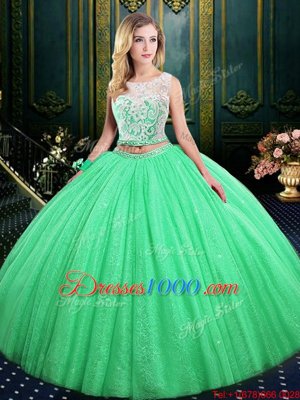 Pretty Scoop Floor Length Quinceanera Gowns Tulle and Sequined Sleeveless Lace and Sequins