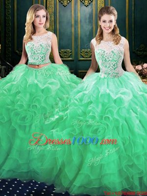 Fashionable Scoop Sleeveless Organza Quinceanera Dress Lace and Ruffles Court Train Lace Up