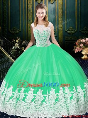 Tulle Scoop Sleeveless Zipper Lace and Appliques 15 Quinceanera Dress in Apple Green