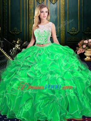 Scoop Organza Zipper Ball Gown Prom Dress Sleeveless Floor Length Lace and Ruffles