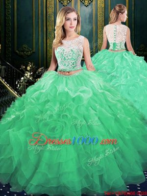 Decent Scoop Green Sleeveless Court Train Lace and Appliques and Ruffles Quinceanera Dresses