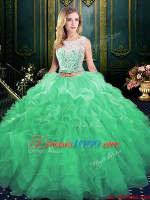 Decent Scoop Green Sleeveless Court Train Lace and Appliques and Ruffles Quinceanera Dresses