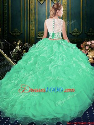 Decent Scoop Green Sleeveless Court Train Lace and Appliques and Ruffles Quinceanera Dresses