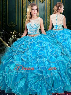 Scoop Sleeveless Quinceanera Dress Floor Length Lace and Ruffles Baby Blue Organza