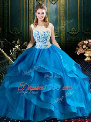 Fancy Scoop Blue Zipper 15 Quinceanera Dress Lace Sleeveless With Brush Train