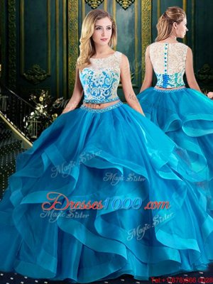 Brush Train Two Pieces Vestidos de Quinceanera Baby Blue Scoop Tulle Sleeveless With Train Zipper