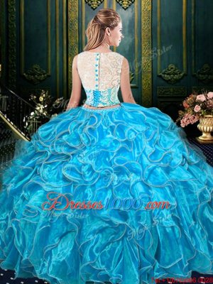 Scoop Sleeveless Quinceanera Dress Floor Length Lace and Ruffles Baby Blue Organza