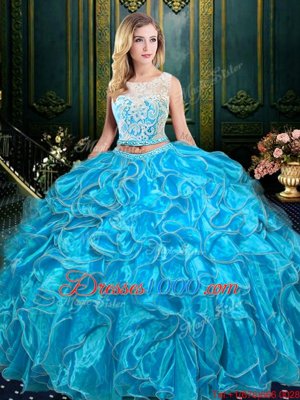 Scoop Sleeveless Quinceanera Dress Floor Length Lace and Ruffles Baby Blue Organza