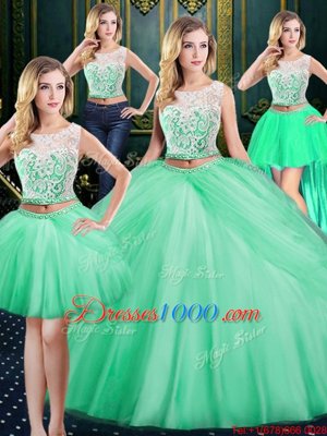 Four Piece Scoop Floor Length Zipper Quinceanera Gown Apple Green and In for Military Ball and Sweet 16 and Quinceanera with Lace and Pick Ups