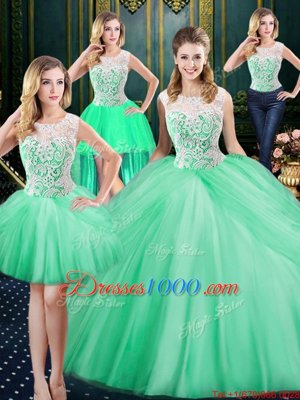 Comfortable Four Piece Scoop Floor Length Apple Green 15 Quinceanera Dress Tulle Sleeveless Lace and Pick Ups