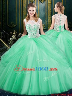 Comfortable Four Piece Scoop Floor Length Apple Green 15 Quinceanera Dress Tulle Sleeveless Lace and Pick Ups