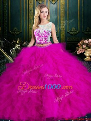 Pretty Scoop Sleeveless Tulle Floor Length Zipper Quinceanera Gown in Fuchsia for with Lace and Ruffles
