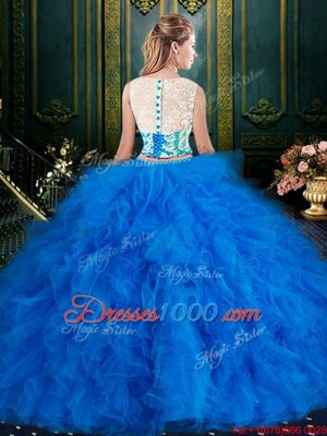 Scoop Sleeveless Quinceanera Dresses Floor Length Lace and Ruffles Red Tulle