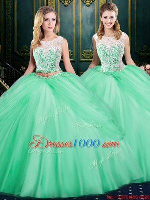 Scoop Pick Ups Apple Green Sleeveless Tulle Zipper Ball Gown Prom Dress for Military Ball and Sweet 16 and Quinceanera