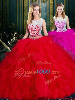 Scoop Sleeveless Quinceanera Gowns Floor Length Lace and Ruffles Red Tulle