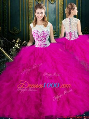 Scoop Sleeveless Quinceanera Gowns Floor Length Lace and Ruffles Red Tulle