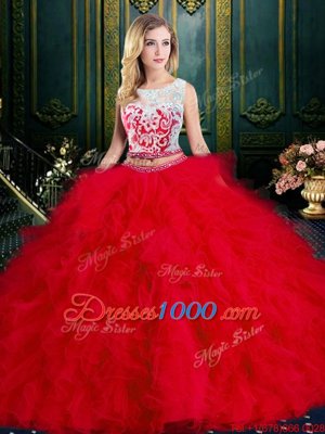 Scoop Sleeveless Quinceanera Gowns Floor Length Lace and Ruffles Red Tulle